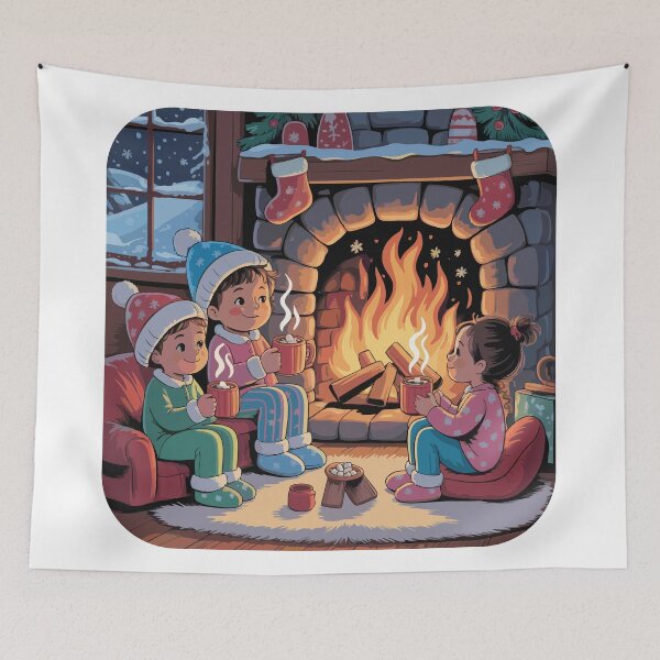 Item preview, Children sit in front of a blazing fireplace, drinking hot chocolate. designed and sold by desinganddecor.