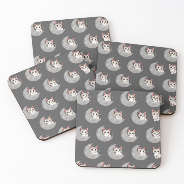 Item preview, Gray and white kitten pattern with light gray moons on a dark gray background designed and sold by lunadesignsmoon.