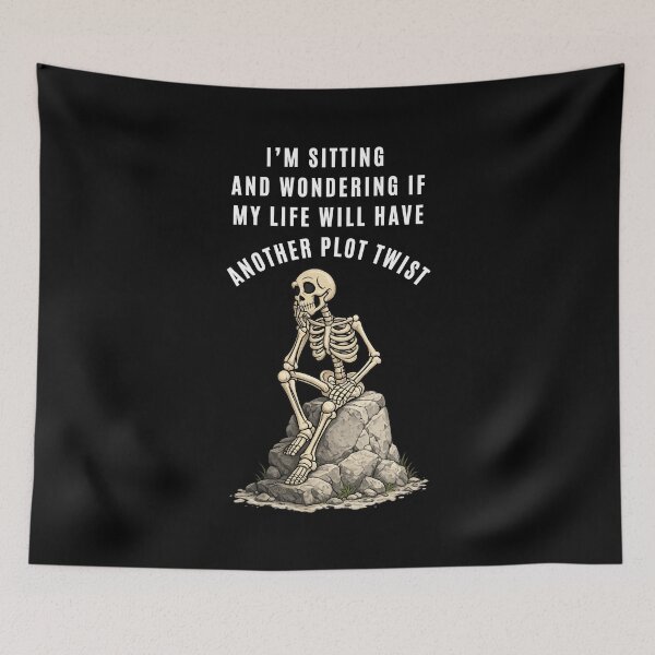 Item preview, Sitting Wondering If My Life Will Have Another Plot Twist Funny Skeleton T-Shirt, Existential Skull Anxiety Meme designed and sold by digitalbitcraft.
