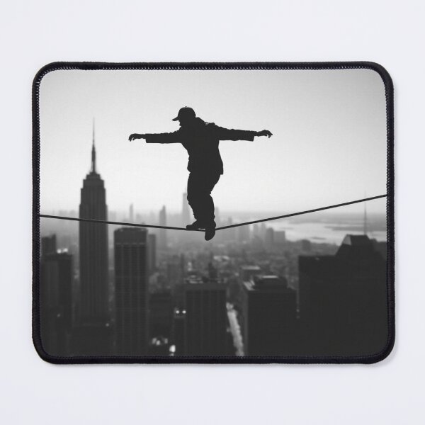 Item preview, Tightrope Walker Silhouette NYC Skyline - Extreme Urban Adventure Black and White designed and sold by EllDAV777.