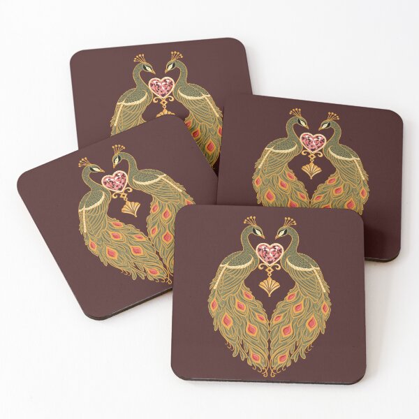 Item preview, Peacocks of Love with Sparkling Jewel Heart Art Deco Opulence and Art Nouveau Romance in Red and Gold designed and sold by SaliMontoDesign.