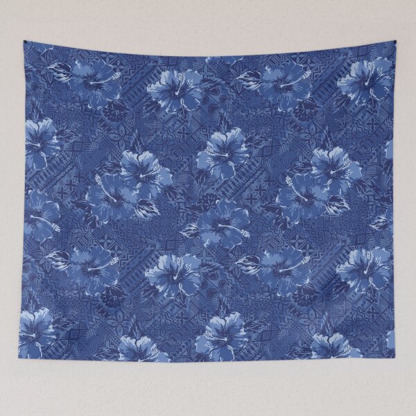 Item preview, Retro Hawaiian Blue Tropical Hibiscus Tapa Print Floral designed and sold by RetroMaggie.