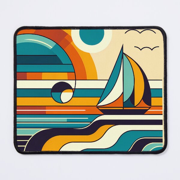 Item preview, Retro Geometric Sailboat Sunset Seascape in Teal designed and sold by InkSmithery.