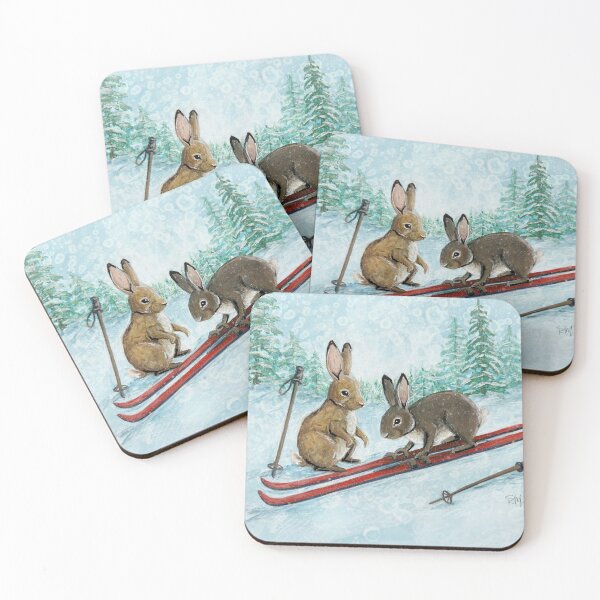 Item preview, "Ski Bunnies" cozy winter rabbit watercolor by Renee Machan designed and sold by RMachanArt.
