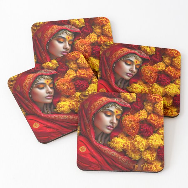 Item preview, Woman in Red Saree Surrounded by Marigold Flowers designed and sold by Artessie.
