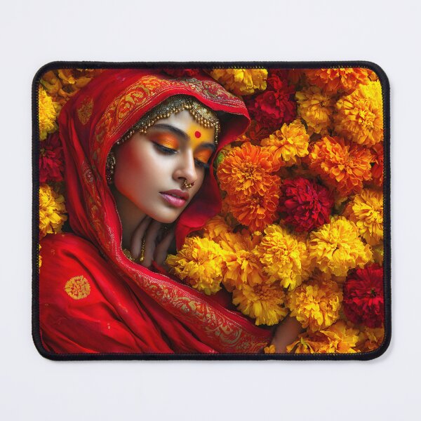 Item preview, Woman in Red Saree Surrounded by Marigold Flowers designed and sold by Artessie.