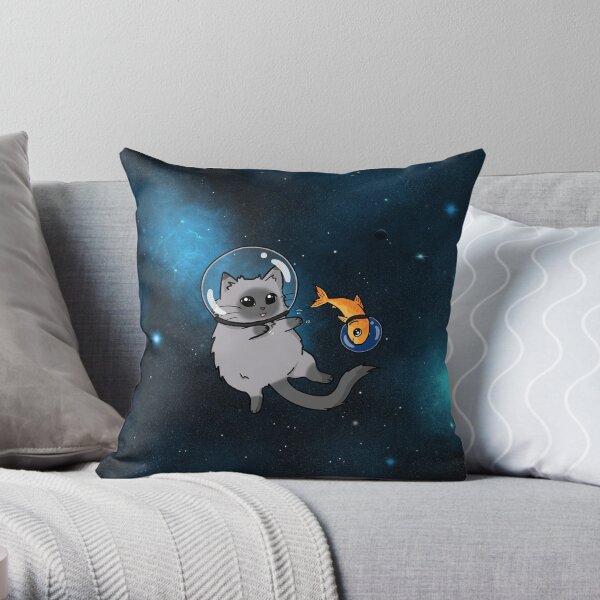 spacecat and spacefish Throw Pillow