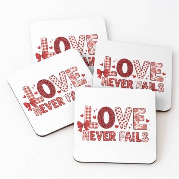 Item preview, Love Never Fails Typography – Cute Valentine Patchwork Lettering with Hearts | Romantic Christian Love Quote Art designed and sold by BrainBubbleArt.