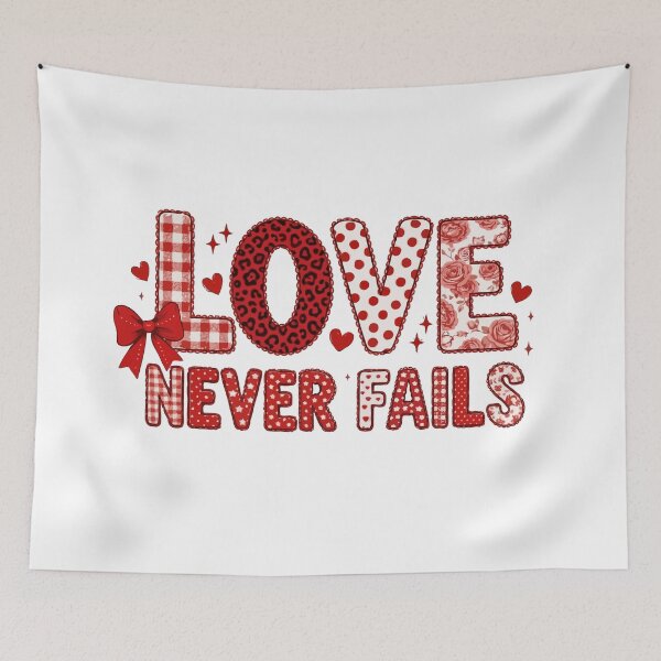 Item preview, Love Never Fails Typography – Cute Valentine Patchwork Lettering with Hearts | Romantic Christian Love Quote Art designed and sold by BrainBubbleArt.