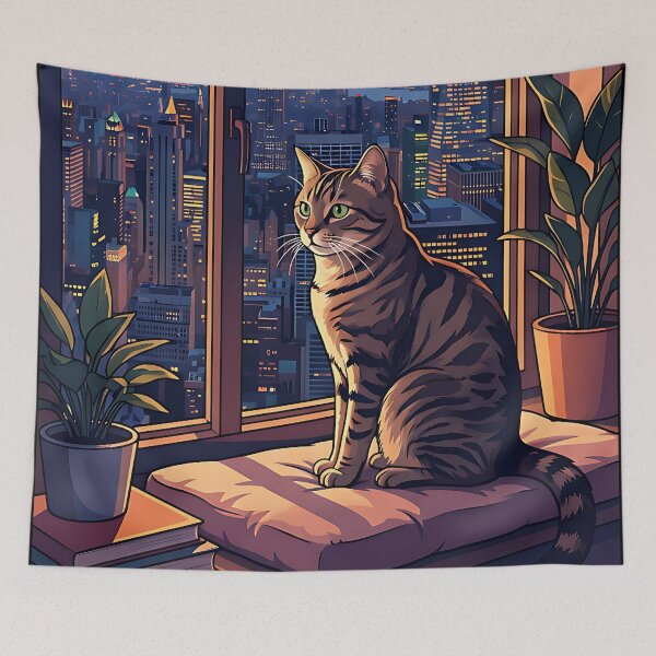 Item preview, A cat is looking at a skyline. designed and sold by ReneMM.