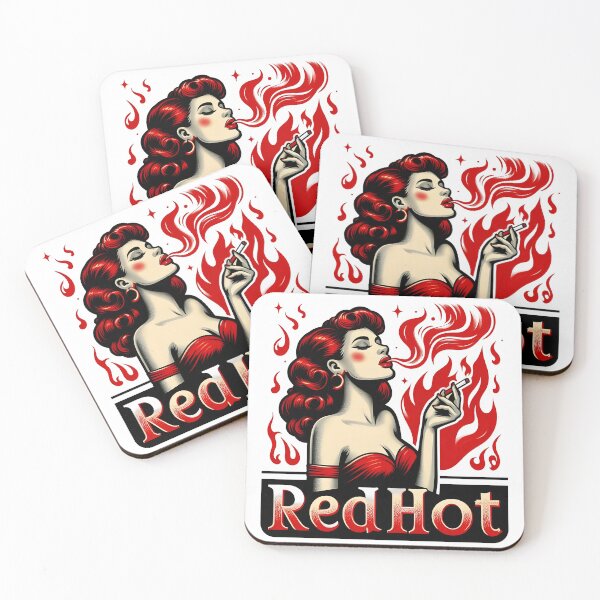 Item preview, Red Hot Retro Woman Smoking with Fiery Background Pin-Up Style. designed and sold by Spark2Seduction.