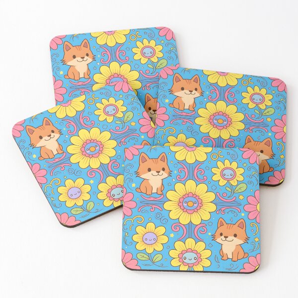 Item preview, Kawaii Cat Flower Power Colourful Flower Pattern  designed and sold by druidwolfart.