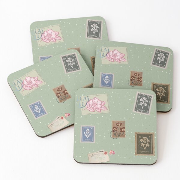 Item preview, Vintage Postage Stamp Pattern Green Background Retro Travel Seamless Print designed and sold by LTOdesigns.