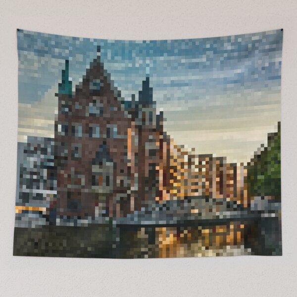 Item preview, Pixelated Hamburg Building Scene designed and sold by Potato Quality Prints.