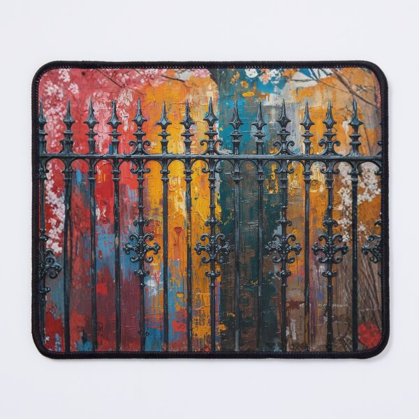 Item preview, Colorful autumn trees behind ornate black iron fence designed and sold by Rue Market.