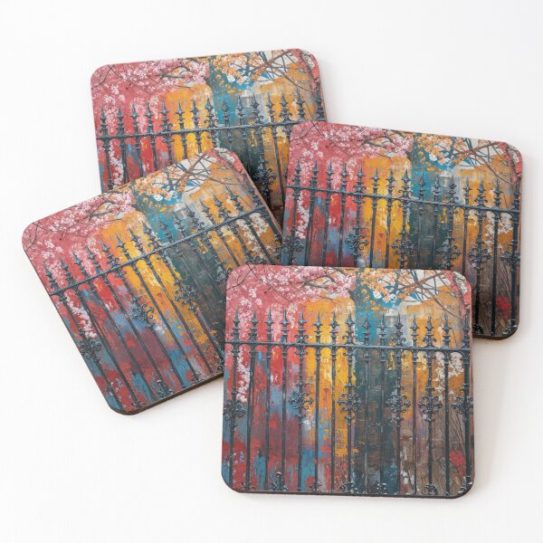 Item preview, Colorful autumn trees behind ornate black iron fence designed and sold by Rue Market.