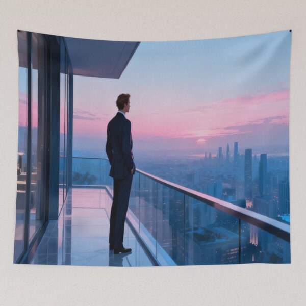 Item preview, Twilight Reflection – Urban Balcony View with Meditative Figure designed and sold by Cristhian Almanza.