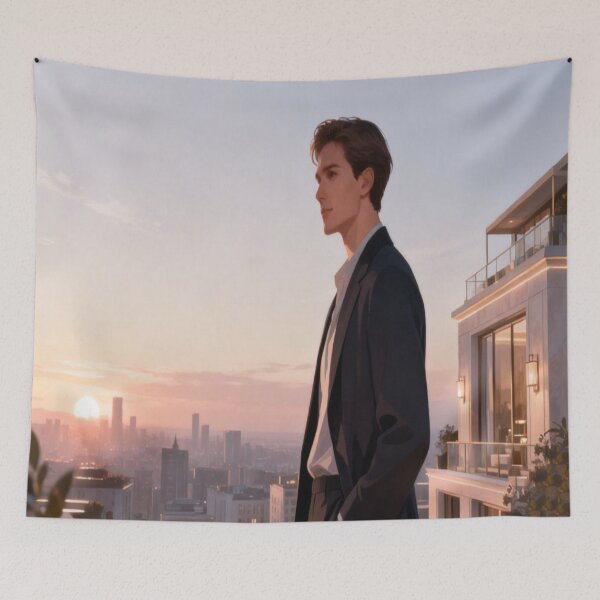 Item preview, Sunset Gaze – Rooftop View with Man in Suit Overlooking City designed and sold by Cristhian Almanza.