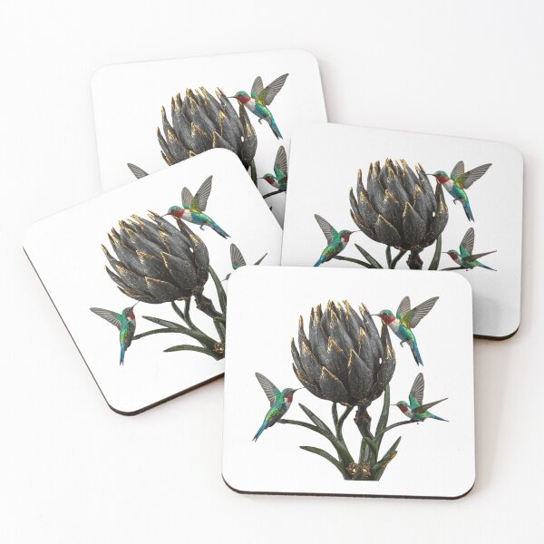 Item preview, Kintsugi Protea Flower With Gold Cracks and Hummingbirds designed and sold by DayMarkThreads.