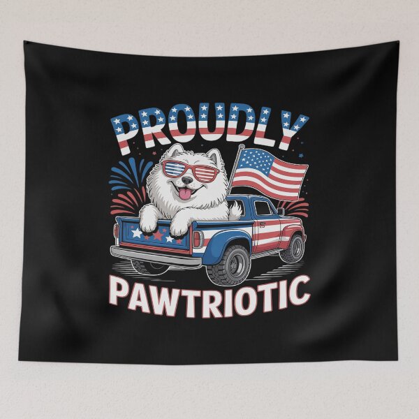 Item preview, Proudly Patriotic 4th July US Flag Samoyed On Monster Truck designed and sold by HORIZBoutique.