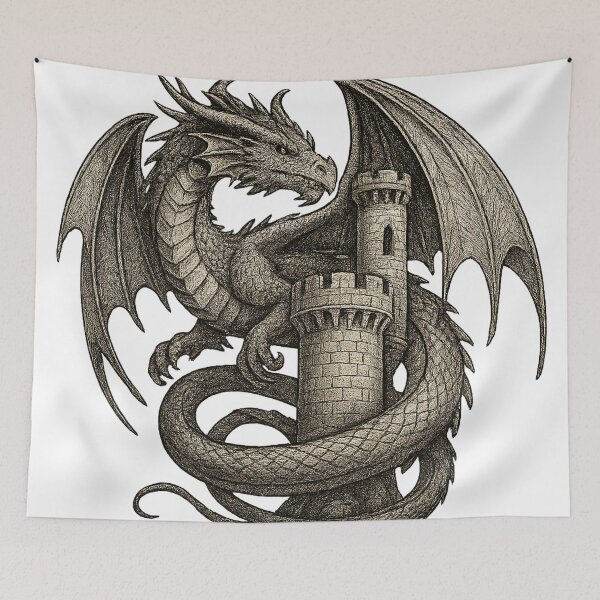 Item preview, Medieval Dragon Guarding Tower designed and sold by chromatalove.