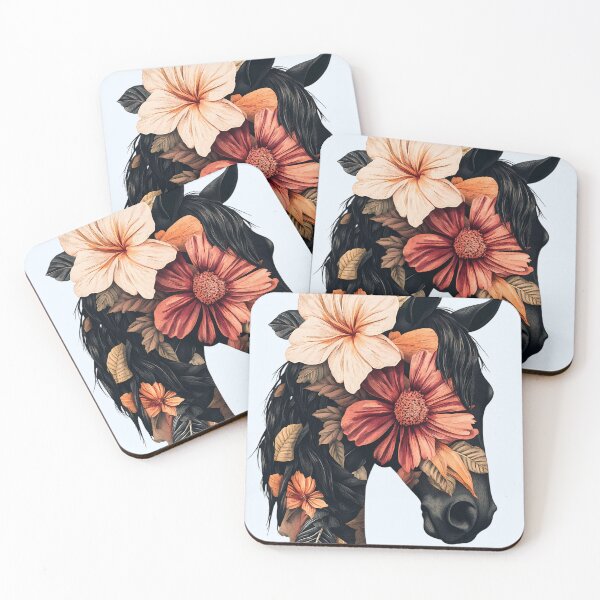 Item preview, Elegant Black Horse with Tropical Flowers - Botanical Art designed and sold by Flora & Myth Studio.
