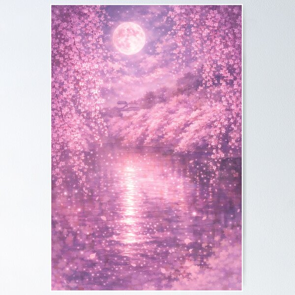 Item preview, Chidorigafuchi Moonlit Sakura - Dreamy Pink Tokyo Moat Art designed and sold by SakuraWaStyle.