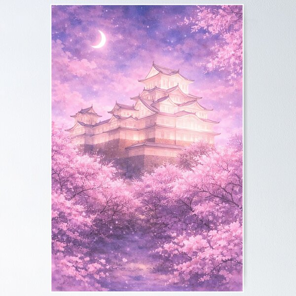 Item preview, Himeji Castle Night Sakura - Dreamy Pink Japan World Heritage Art designed and sold by SakuraWaStyle.