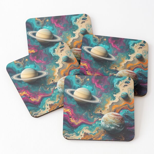 Item preview, Saturn Rings in Vibrant Cosmic Fluid Art atau Galactic Nebula Swirl with Marble Planets designed and sold by visualstory.