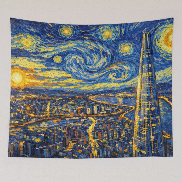 Item preview, Seoul Night Skyline with Lotte World Tower_Van Gogh Inspired City Art designed and sold by BabyTiger-.