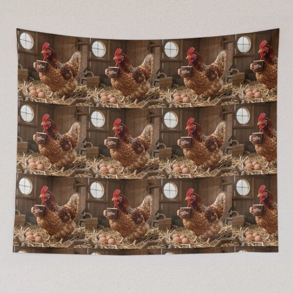 Item preview, Coffee Loving Chicken Cozy Rustic Farm Morning Scene designed and sold by PixelVibe782.