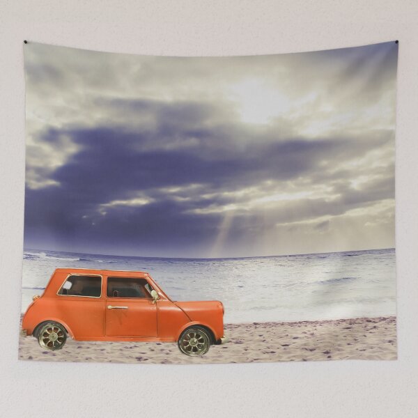 Item preview, orange classic car on the sandy beach with beautiful sky and beach background designed and sold by Mrvell.