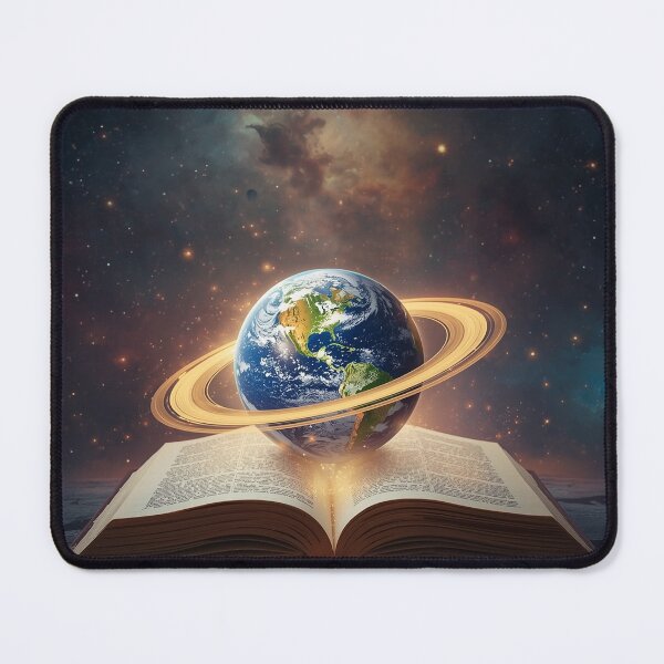 Item preview, Glowing Book with Earth and Cosmic Rings Surreal Fantasy Scene designed and sold by PixelVibe782.