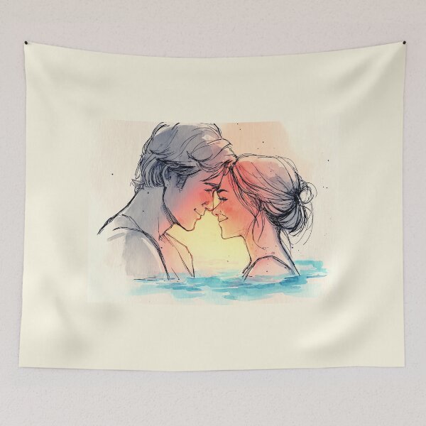 Item preview, Sunset Water Romance - Couple Swimming Together Watercolor Art designed and sold by Banal25.