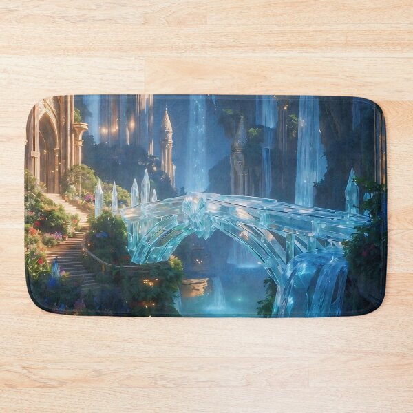 Item preview, Crystal Bridge Over Glowing Waterfalls – Pre-Sunken Atlantis Golden Age Fantasy Landscape Art designed and sold by SunsetAngelsAI.