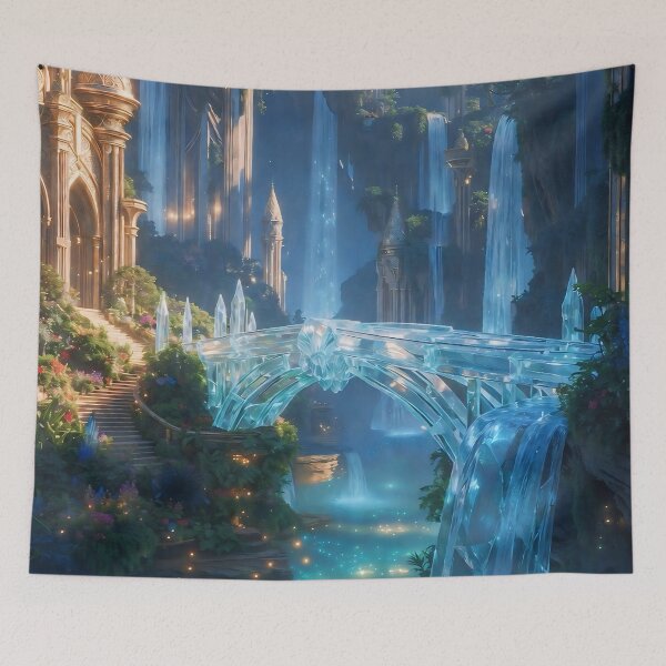 Item preview, Crystal Bridge Over Glowing Waterfalls – Pre-Sunken Atlantis Golden Age Fantasy Landscape Art designed and sold by SunsetAngelsAI.
