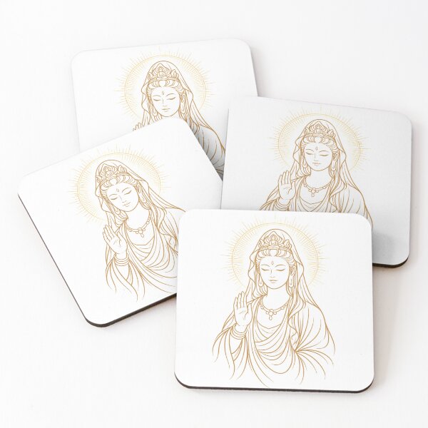 Item preview, Golden Standing Guanyin Line Art Holding Sacred Water Vase – Goddess of Mercy Blessing Illustration designed and sold by Sksticker991.