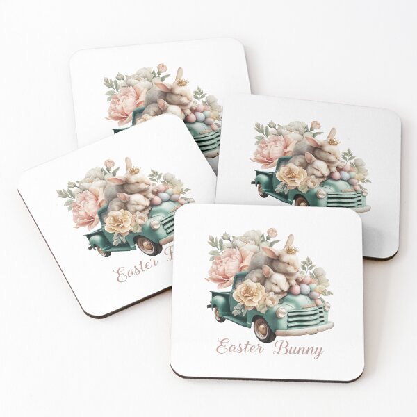 Item preview, Vintage Easter Bunny Truck with Flowers and Eggs - Pastel Spring Illustration designed and sold by Anastasiia Yurevych.