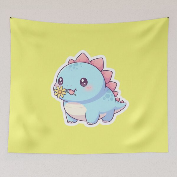 Item preview, Cute Kawaii Blue Baby Dinosaur Stegosaurus Holding a Yellow Flower Sticker Aesthetic Chibi Dino Art designed and sold by bvdesignart.