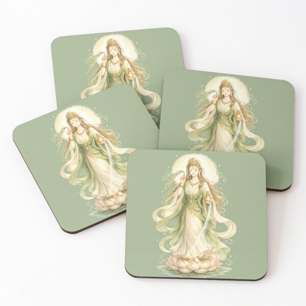 Item preview, Guanyin Standing on Lotus with Sacred Water – Gentle Green & Gold Goddess of Mercy Illustration designed and sold by Sksticker991.