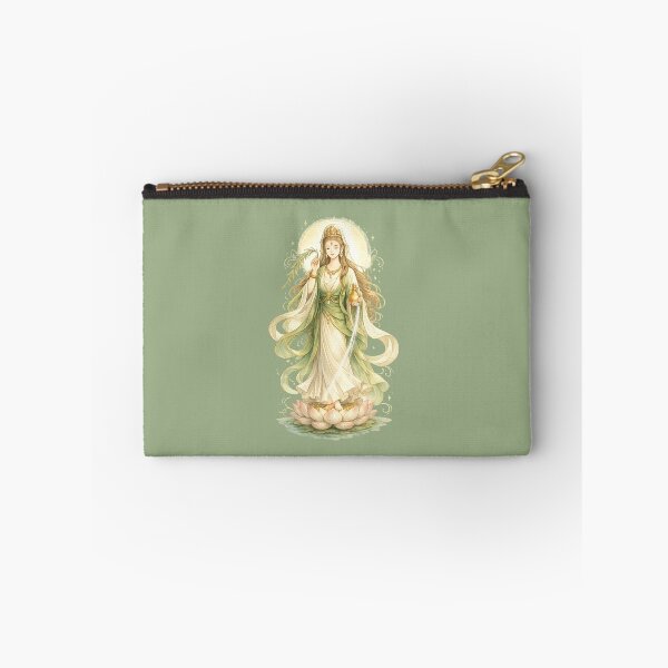 Item preview, Guanyin Standing on Lotus with Sacred Water – Gentle Green & Gold Goddess of Mercy Illustration designed and sold by Sksticker991.