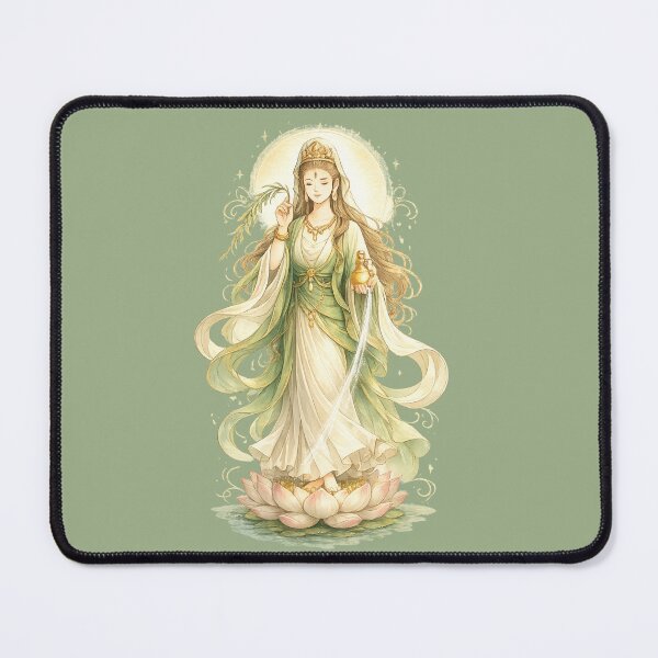 Item preview, Guanyin Standing on Lotus with Sacred Water – Gentle Green & Gold Goddess of Mercy Illustration designed and sold by Sksticker991.