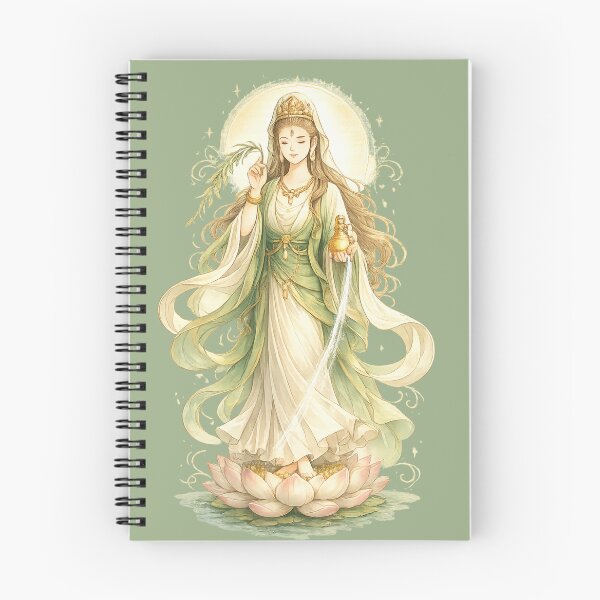 Item preview, Guanyin Standing on Lotus with Sacred Water – Gentle Green & Gold Goddess of Mercy Illustration designed and sold by Sksticker991.