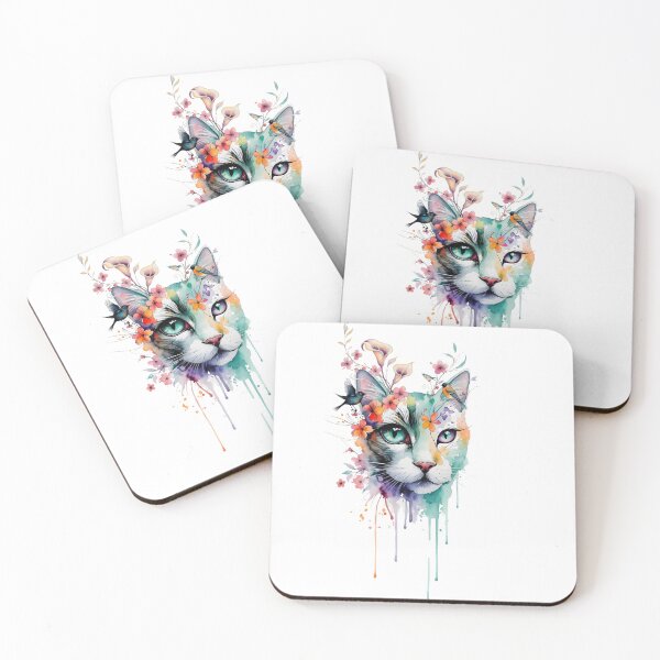 Item preview, Floral Watercolor Cat Portrait - Dreamy Kitty with Birds & Drip Art designed and sold by Latikshop.