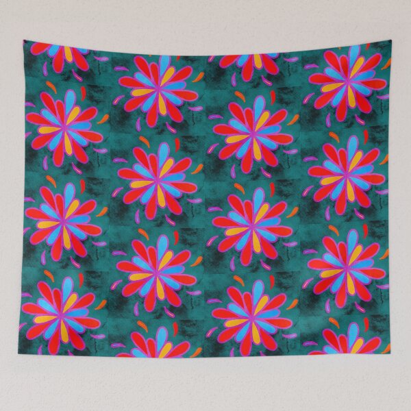 Item preview, Dopamine Art - Joyful - Hand Drawn Floral Design Bright and Cheerful on Blue Texturized Background designed and sold by Victoria Rose.