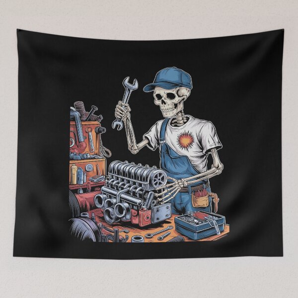 Item preview, Skeleton Mechanic Car Engine Automative Repair Cartoon designed and sold by FadeOfThrone.