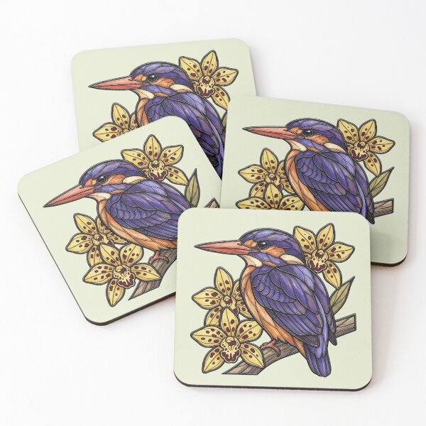 Item preview, African Pygmy Kingfisher with Yellow Orchids designed and sold by BirdsnStuff.
