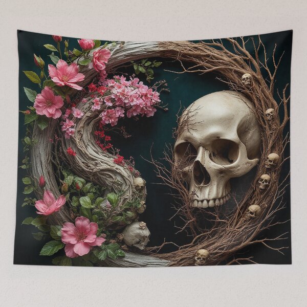Item preview, Dark Floral Yin Yang Skull – Life and Death Balance Symbol designed and sold by AmetistLight.