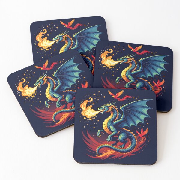 Item preview, Multi colored dragon and phoenix against flame and dark blue background designed and sold by adriansmith31.