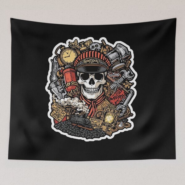 Item preview, Railroad Conductor Skull and Retro Locomotive designed and sold by Bone & Blade.